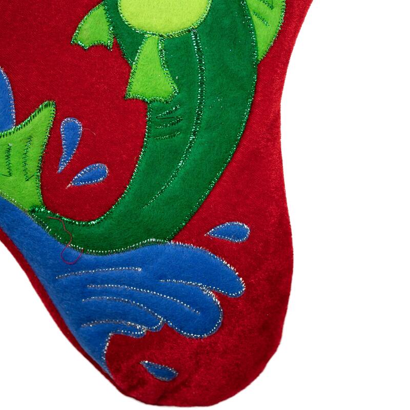 19.5" Red Velveteen Fishing Themed Christmas Stocking with Green Cuff