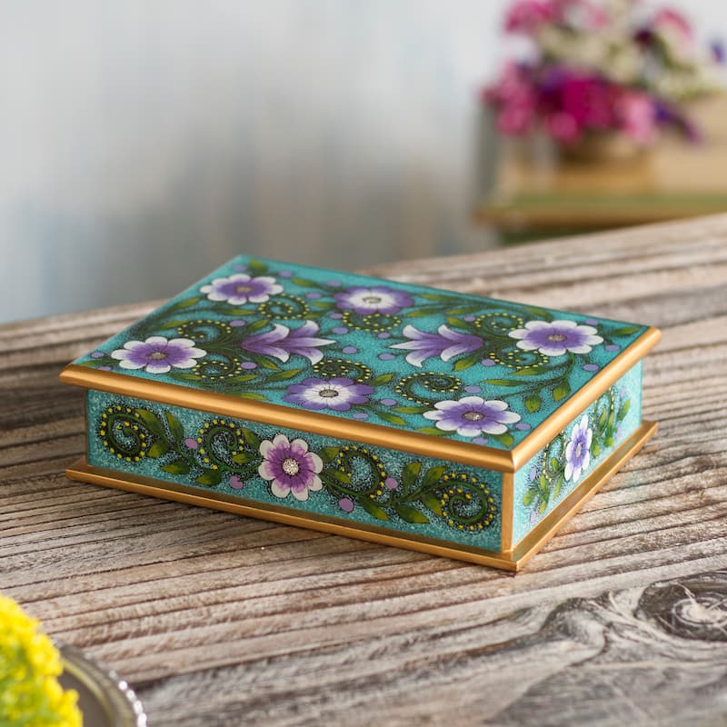 Novica Handmade Margarita Bliss In Blue Reverse-Painted Glass Decorative Box