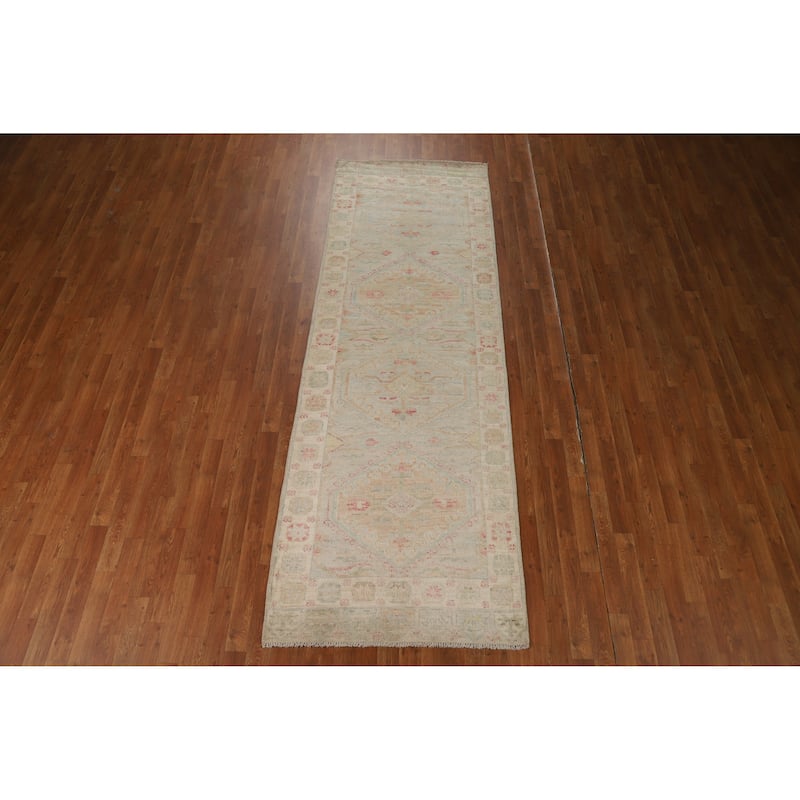 Hand Knotted Oriental 100% Wool Carpet Transitional Geometric Beige & Ivories Oushak Runner Rug - 10' 2'' X 3' 5''