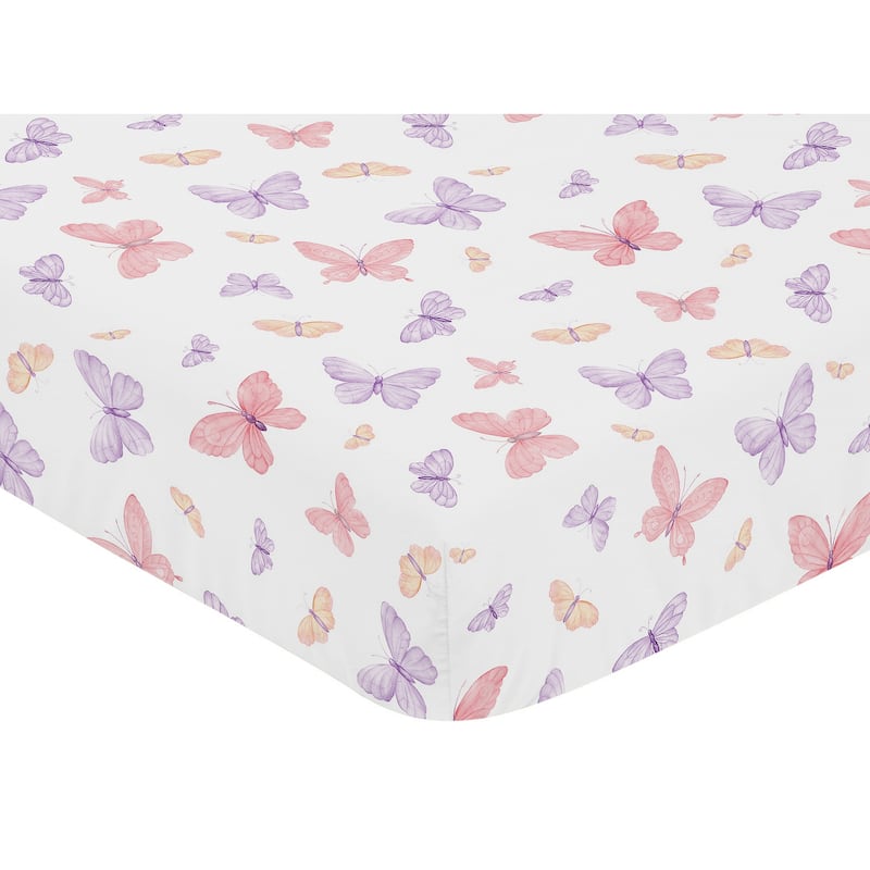 Sweet Jojo Designs Pink and Purple Shabby Chic Butterfly Girl 3p Nursery Crib Bedding Set Yellow Colorful Pastel Watercolor