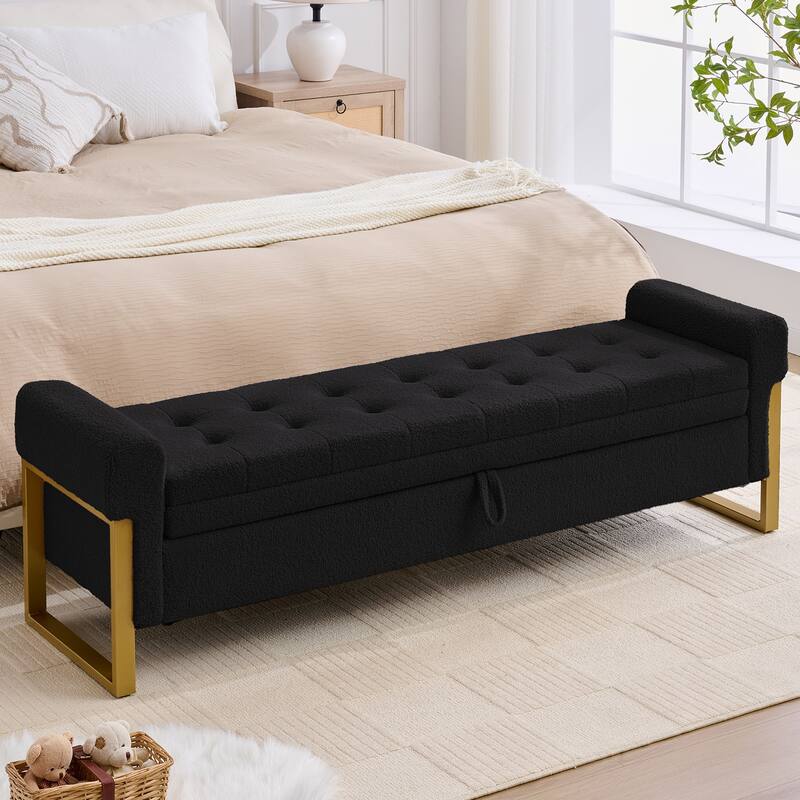 66" Storage Bench for Bedroom End of Bed with Single Lids and Gold Legs