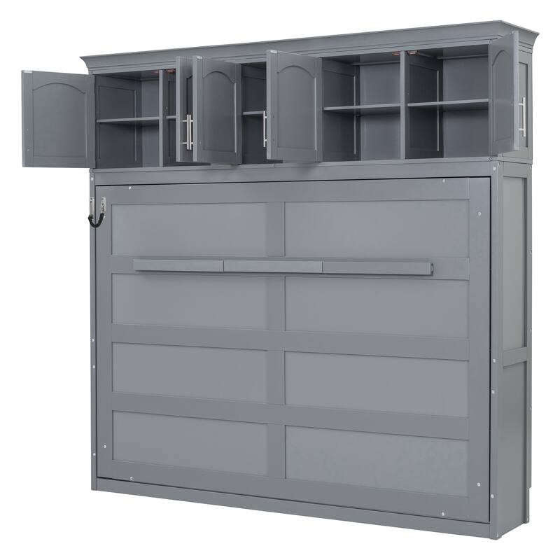 Queen Size Wall Bed with Storage Cabinets, Space-Saving Foldable Murphy Bed in Gray
