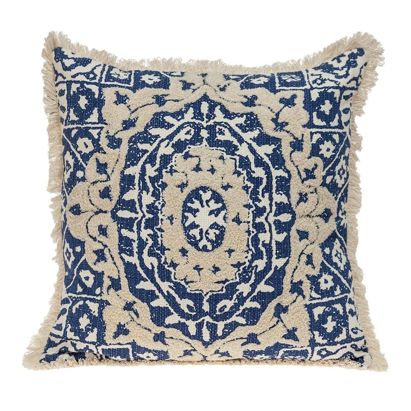HomeRoots 18" Beige And Brown Geometric Cotton Blend Throw Pillow with Fringes And Texture - Blue
