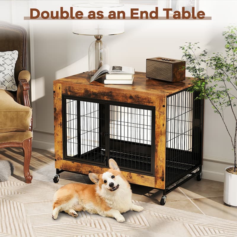 Wooden Dog Crate/Kennel with Flip-Top, Tray and 3 Lockable Doors and Wheels - 38" x 25" x 30.5" (L x W x H)
