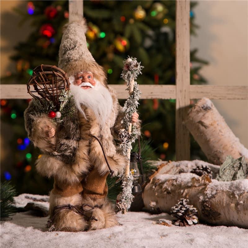 Glitzhome Christmas Imitative Fur Woodland Santa Figurine