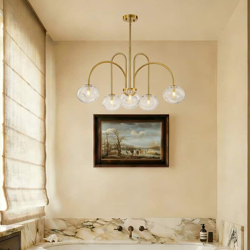 Rennnsan 6-Light Modern Brass Chandelier with Clear Glass Globes - Contemporary Ceiling Light for Living Room - 6 Light