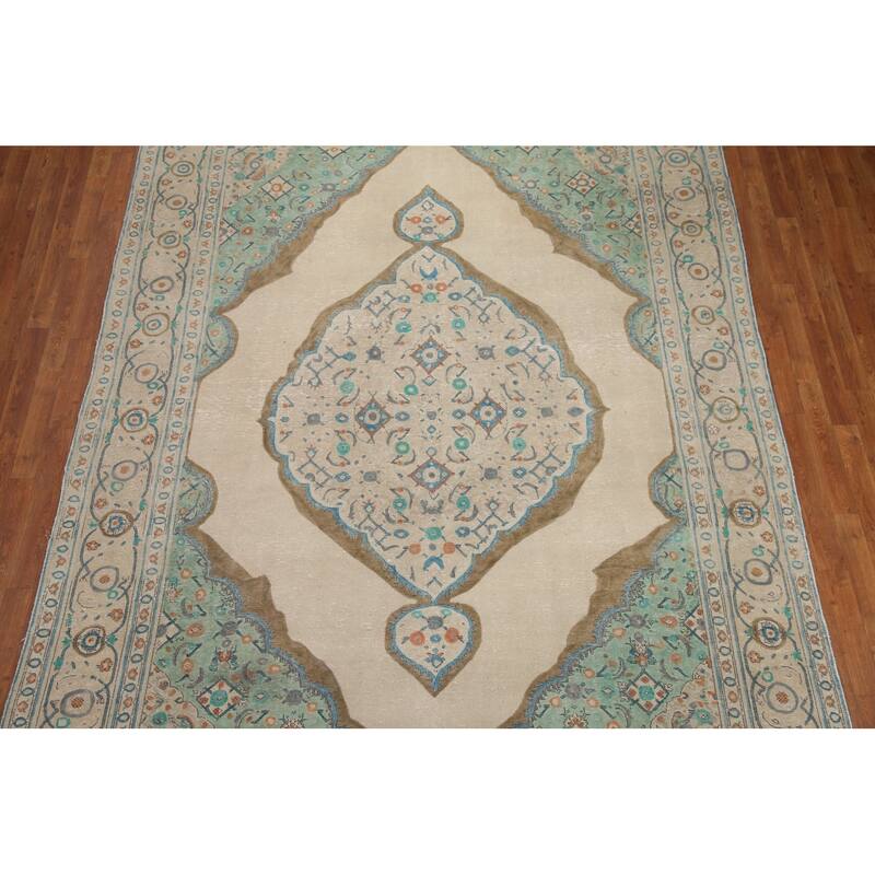 Hand Knotted Oriental 100% Wool Carpet Traditional Medallion Beige & Ivories Tabriz Area Rug - 11' 2'' X 8' 3''