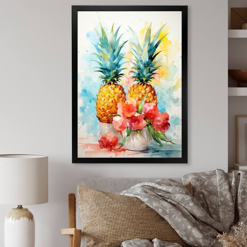 Designart "Aquarel Pineapple Painting" Pineapples Wall Decor Green - Traditional Living Room Framed Canvas Art - 16 in. wide x 32 in. high - Black