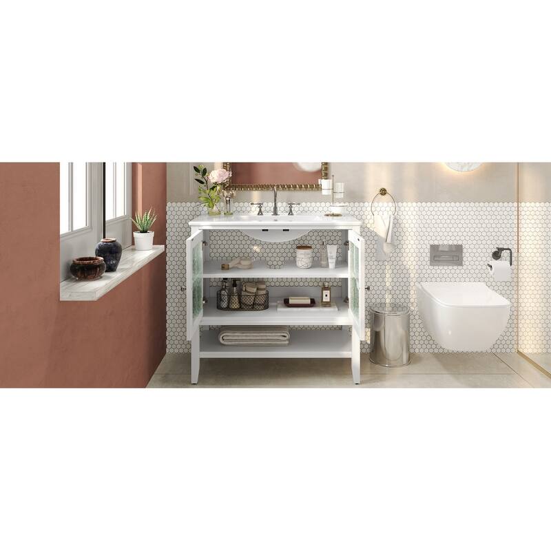 36" Bathroom Vanity with Ceramic Sink, Adjustable Shelf and Open Shelf with Wood Legs, Metal Knobs and Soft Close Hinges Design