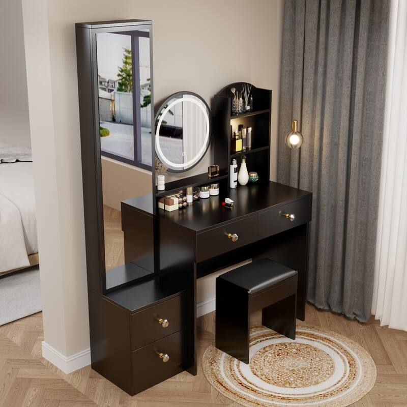 Makeup Vanity Desk with Mirror Cabinet & Cushioned Stool, Vanity Table Dressing Table w/ 4 Drawers, Storage Shelves & LED Mirror