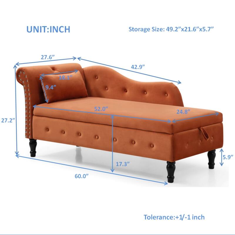 Modern 60" Velvet Upholstered Buttons Tufted Chaise Lounge Chair with Solid Wood Legs and Storage