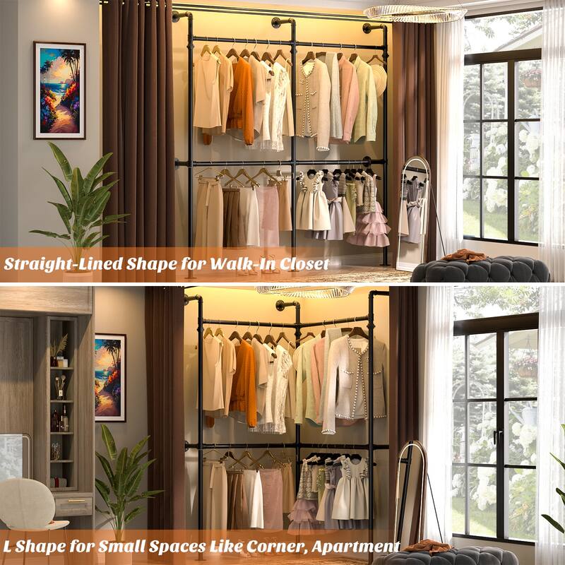 38- 153 Wide Heavy-Duty Wall-Mounted Garment Rack, Pipe Clothes Hanging Rods Closet System