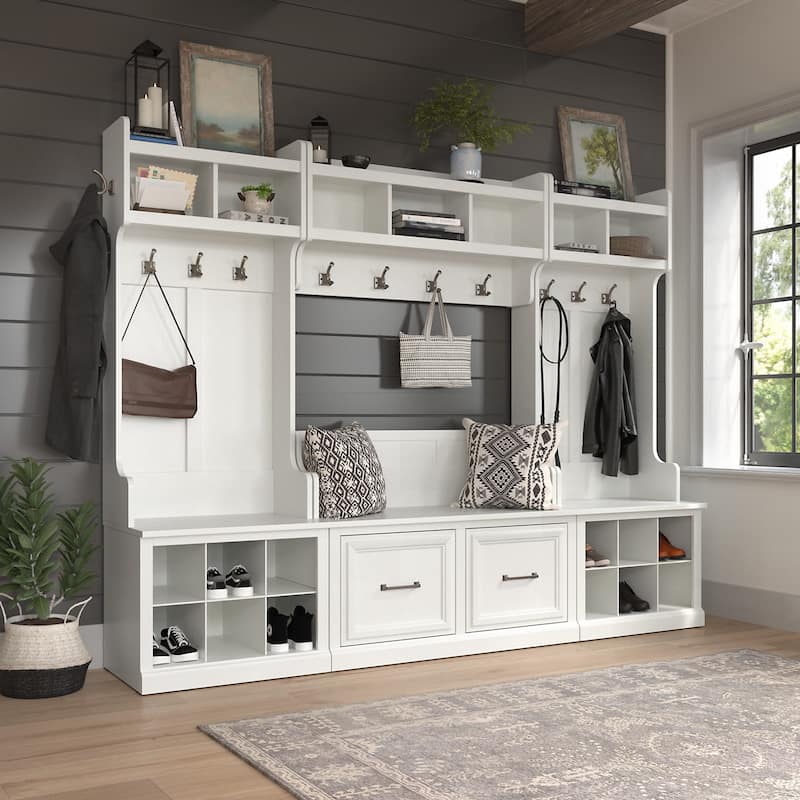 Woodland Full Entryway Storage Set with Coat Rack by Bush Furniture - White Ash