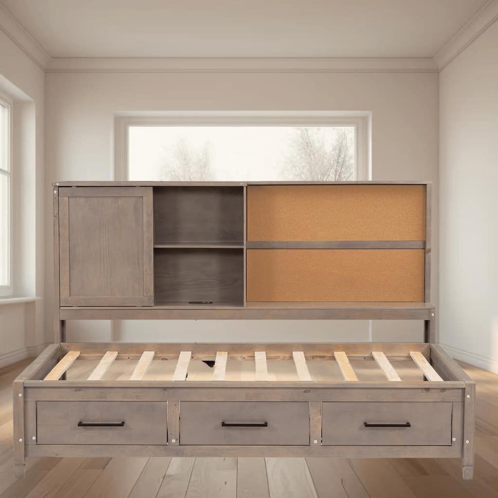 Twin Size Lounge Platform Daybed Frame with Storage Shelves, USB Ports and 3 Drawers, Practical and Stylish Bedroom Furniture