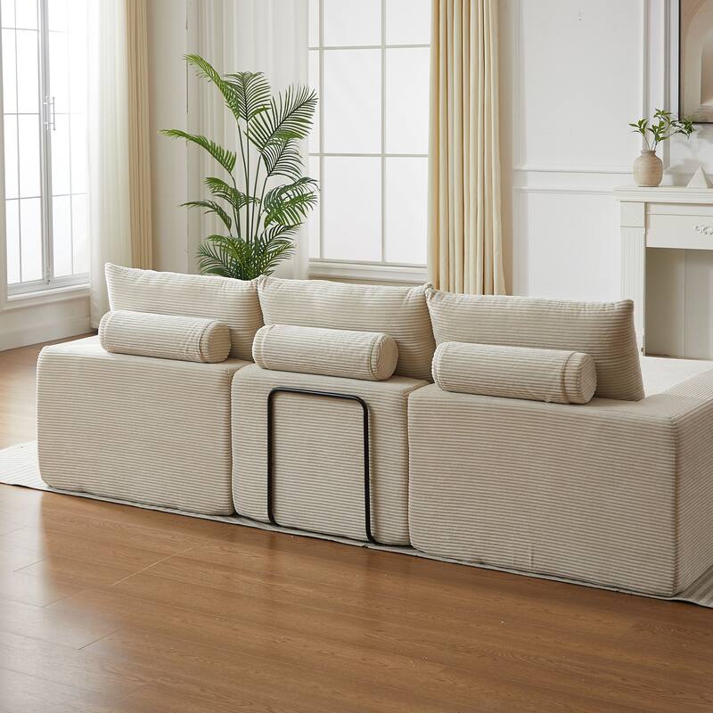 L-Shaped Sectional Sofa with Chaise Lounge, Corduroy Upholstered Boneless Couch, Module Corner Sofa with 3 Pillows
