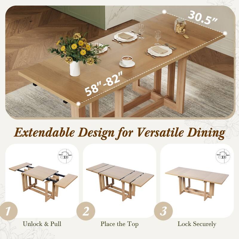 Roomfitters 7-Piece Rustic Extendable Trestle Dining Table Set with 6 Upholstered Chairs, Rubber Wood