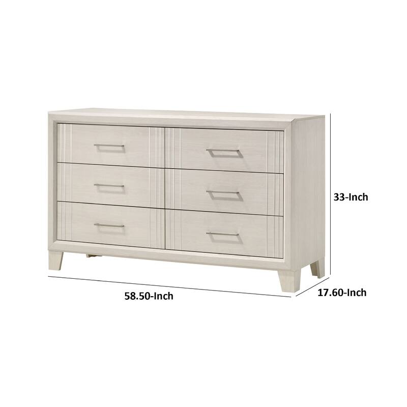 Charie Wide Dresser with 6 Drawers, Tapered Legs, White Wood