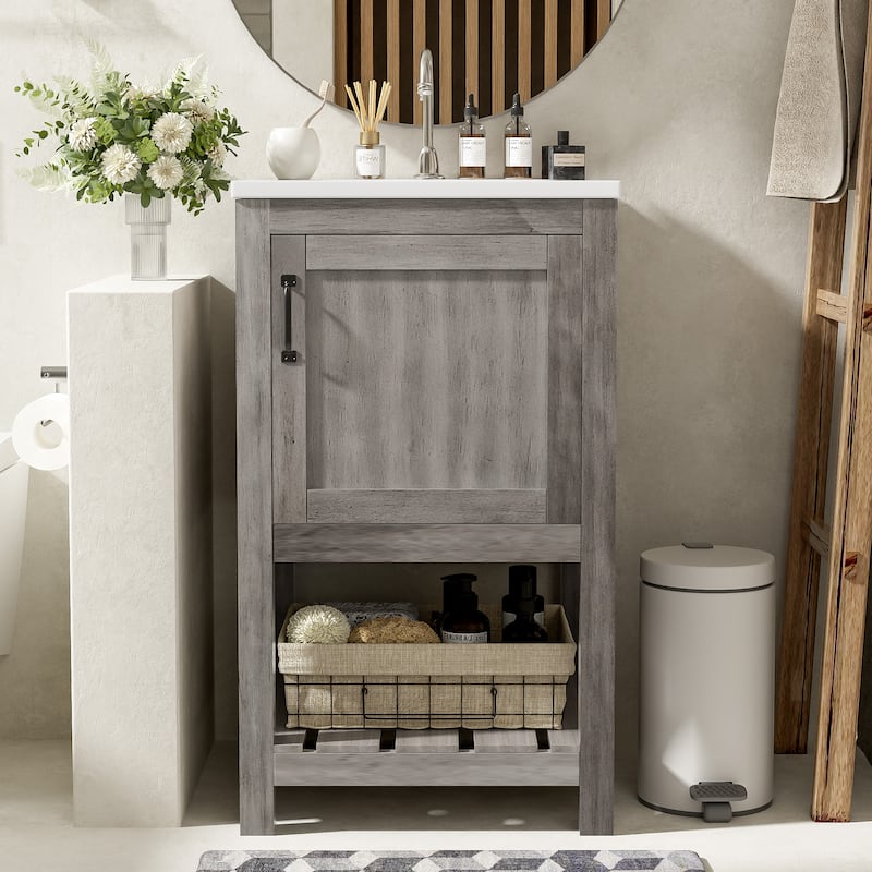 16" Compact Bathroom Vanity Sink Combo Featuring A Rectangular Ceramic Basin, Single Door Storage, And Open Shelf. - 16"