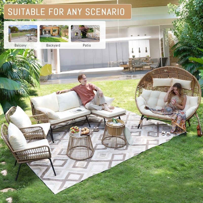 7 Piece Boho Patio Furniture Set with 2-Person Egg Chair, Outdoor Wicker Rattan Sectional Sofa with Lounge Chairs and Ice Bucket