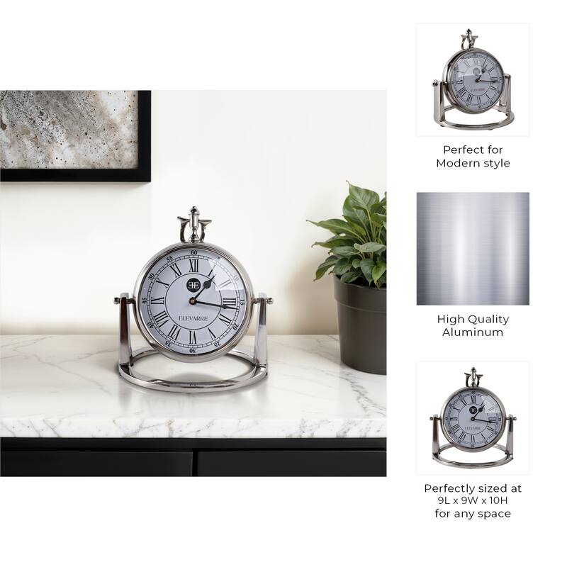 Metal Glass Desk Clock Roman Numerals Silent Movement and Pivot Stand - 9" x 9" x 10"