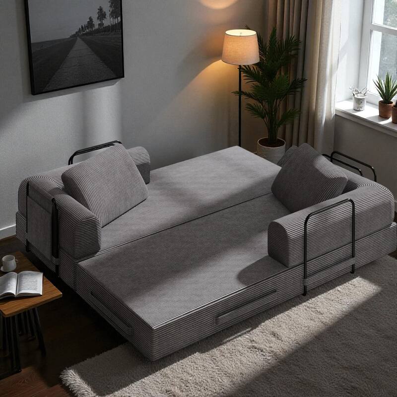 Convertible Corduroy Sleeper Sofa Bed, 3-Seat Folding Floor Couch with Cylindrical Pillow & Fixed-Shape Frame