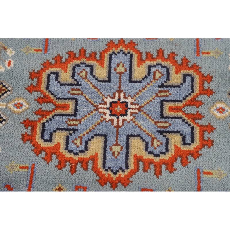 Light Blue Geometric Kazak Rug Hand-Knotted Wool Carpet - 3'0" X 5'2"