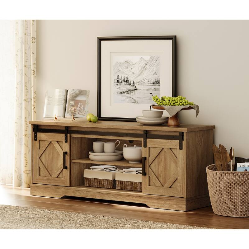 WAMPAT Sliding Barn Door 59-inch Wood TV Stand Storage Cabinet