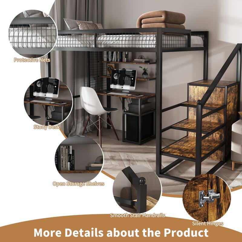 Full-Size Loft Bed /Desk & Wardrobe - Heavy Metal Frame, Built-In Staircase, Storage Rack & Shelves