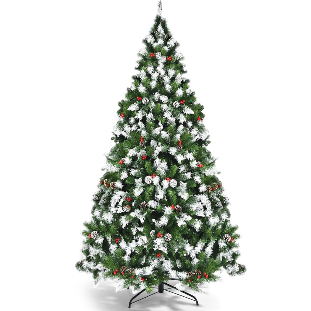 6 FT Pre-lit Snow Flocked Christmas Tree with Red Berries and 8 Lighting Modes