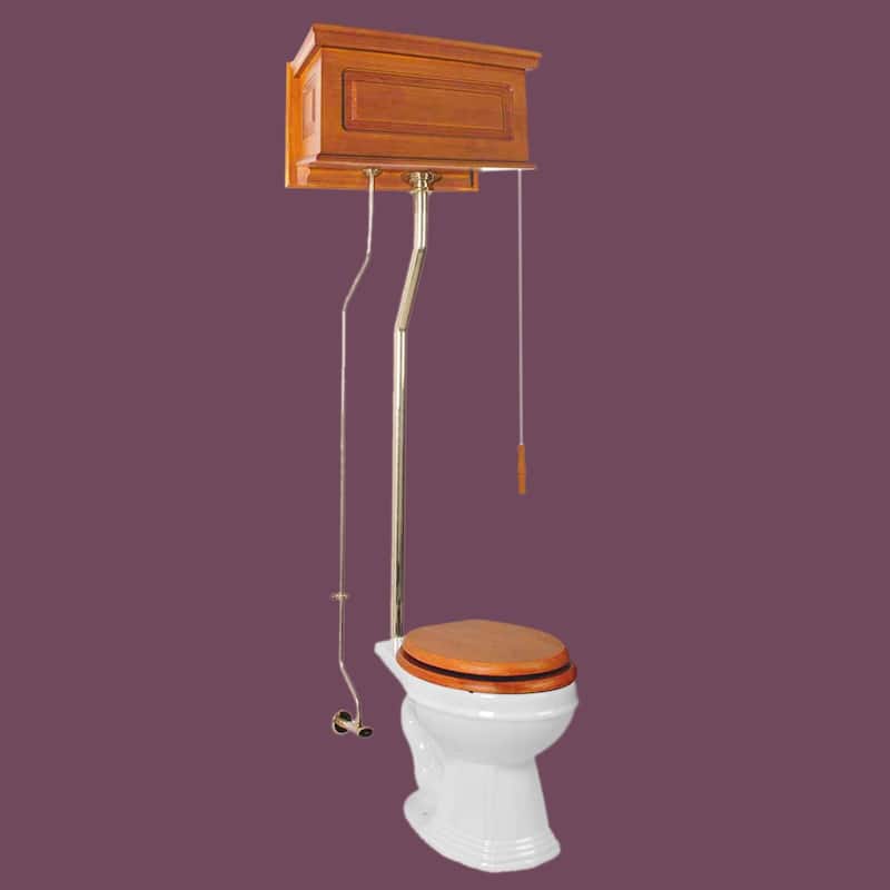 High Tank Toilet - Light Mahogany Flat Tank, White Elongated Bowl and Brass L Pipe Renovators Supply