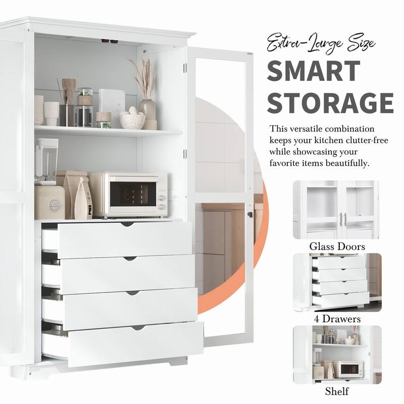 75" Tall Pine Wood Kitchen Pantry Cabinet with Glass Doors Four Drawers and Anti-Tipping Safety Features