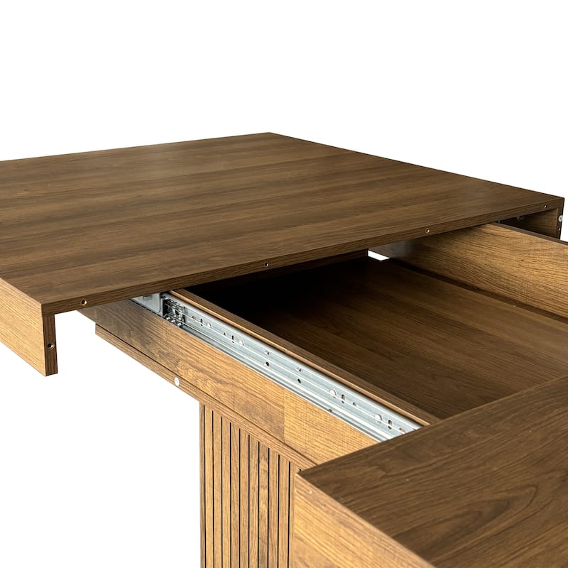 Extendable Cabinet Dining Table with Storage, Wood Kitchen Table with Striped Cabinet, Waterproof Coffee Table