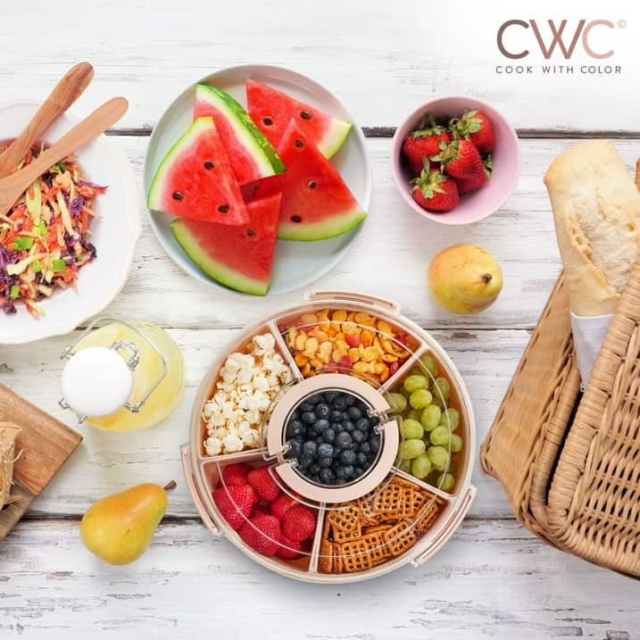 COOK WITH COLOR Round Snackle Box – 6-Compartment Serving Tray with Lid and Handle,Kids Lunch Box & Meal Prep Snack Container