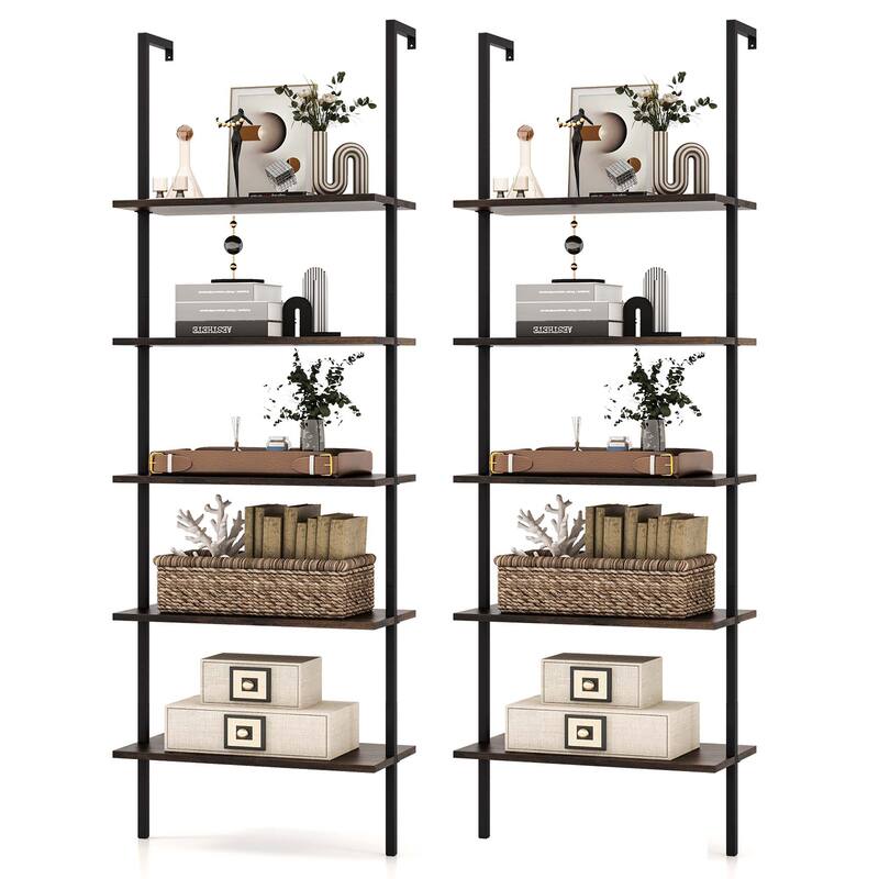 Costway 2 PCS 5 Tier Ladder Shelf 71'' Wall-Mounted Bookshelf Display - See Details - Brown - See Details