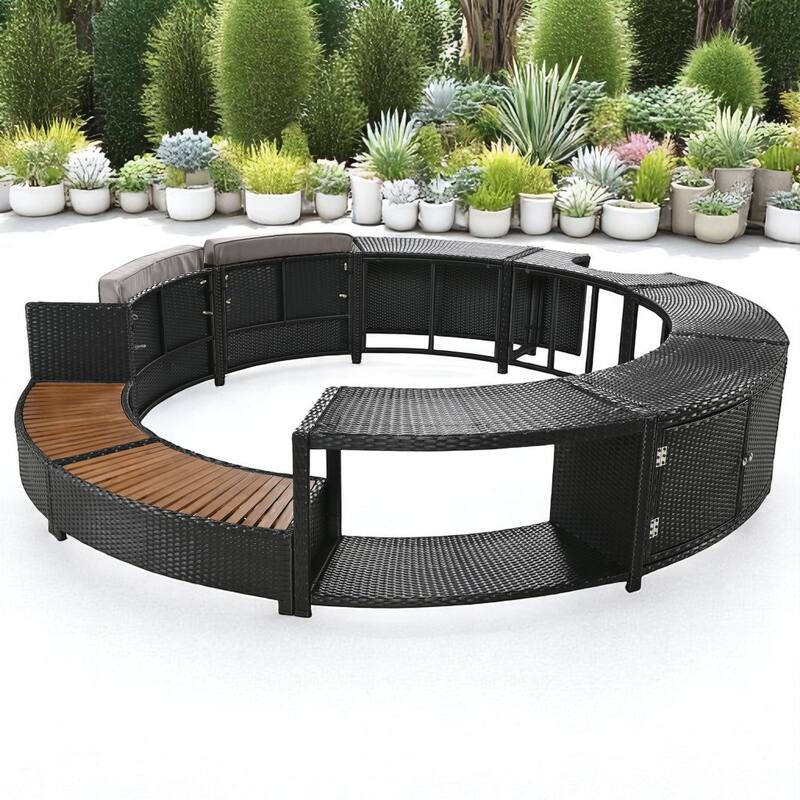 4-Piece Outdoor Patio Spa Surround Furniture Set with Cushioned and Wooden Seating, Mini Sofa, Storage Cabinet