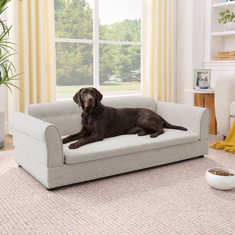 Oversized Pet Sofa, Elegant Modern Linen Fabric Elevated Dog Sofa Bed, Oversized Rectangular Pet Bed with Backrest & Armrest - White