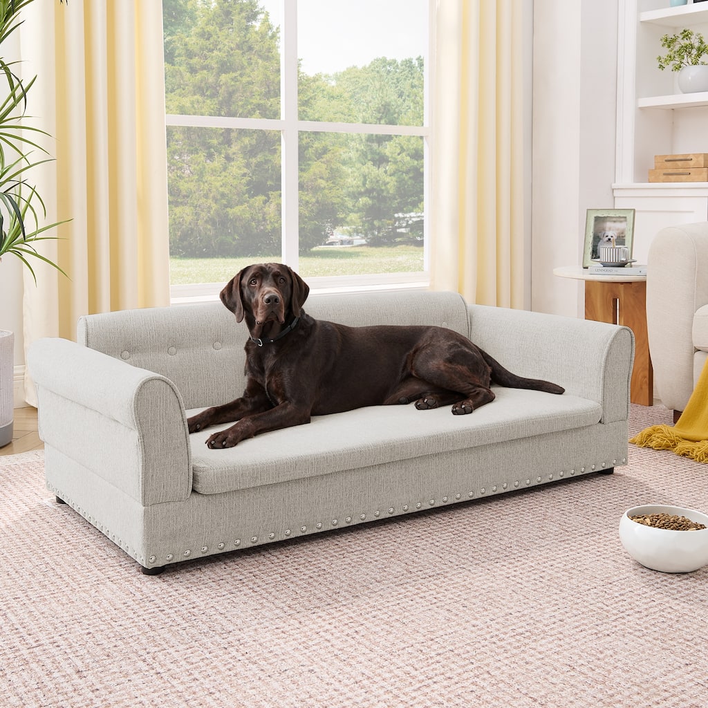 Oversized Pet Sofa, Elegant Modern Linen Fabric Elevated Dog Sofa Bed, Oversized Rectangular Pet Bed with Backrest & Armrest