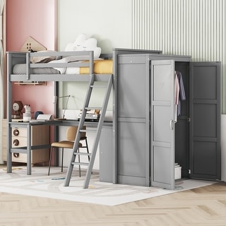 Gray Solid Pine Wood Loft Bed with Desk, Shelves, Wardrobe, and Guardrails