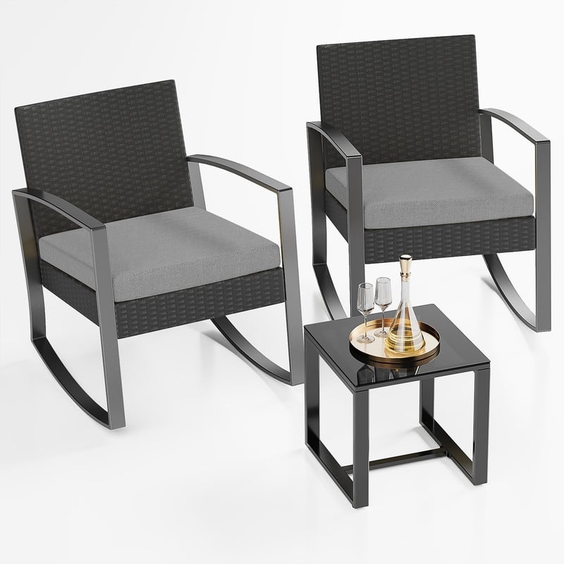 3 Pieces Wicker Patio Set Outdoor Rocking Bistro Patio Outdoor Furniture Rattan Sets with Cushion, Chair Set with Glass Table