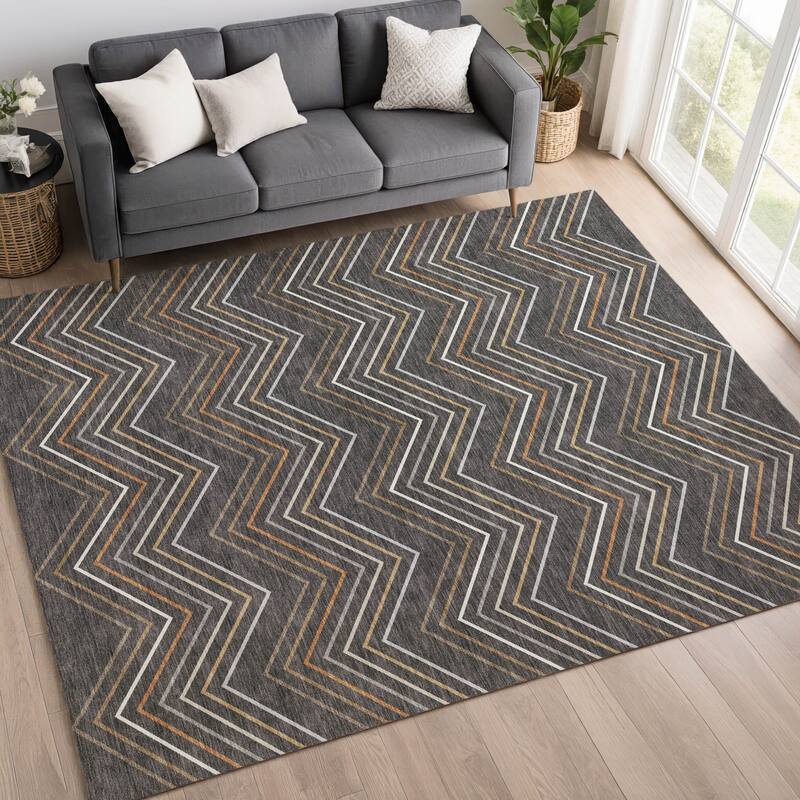 Machine Washable Indoor/ Outdoor Modern Chevron Chantille Rug