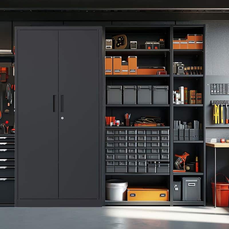 72"H Metal Garage Storage Cabinet Black Tool Steel Locking Cabinet with Doors and 4 Shelves