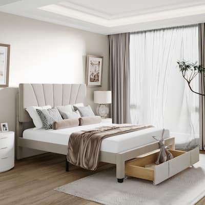 Roomfitters Queen Size Storage Bed Velvet Upholstered Platform Bed with a Big Drawer