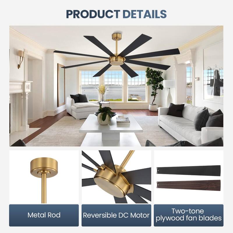 MLiAN 8-Plywood Double-Sided Blades Indoor Standard Black Ceiling Fan with Remote Down-Rod Mount
