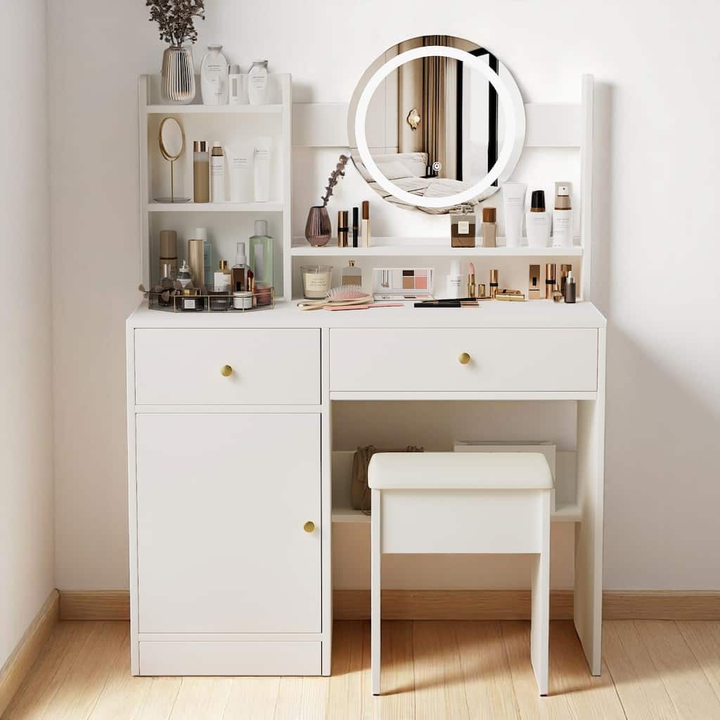 35.4" Makeup Vanity Table with LED Mirror & Stool - Adjustable Lighting, 2 Drawers, Side Storage Shelves