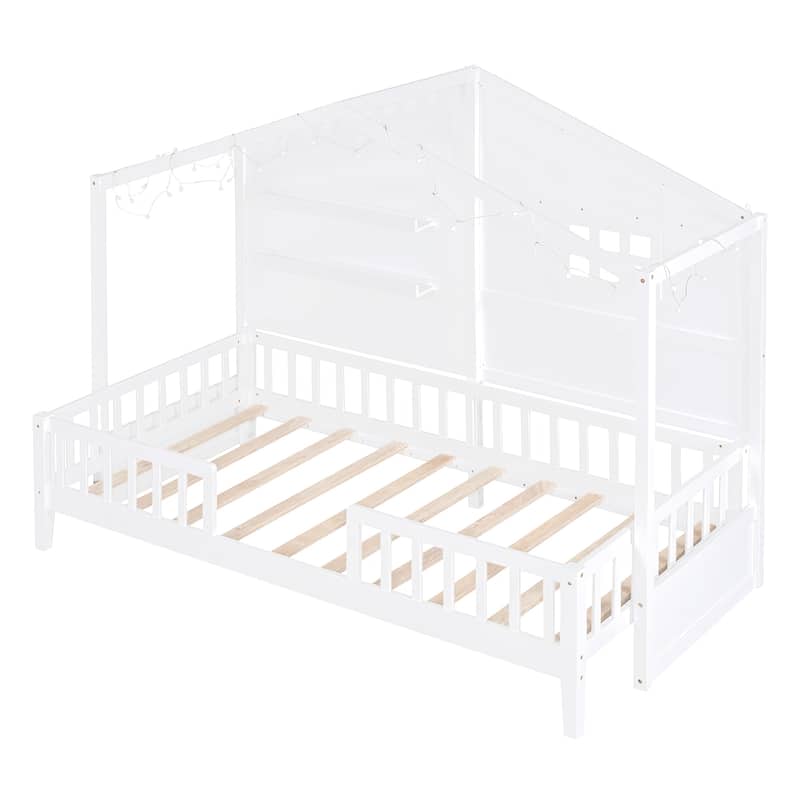 Modern Twin Size White House Bed with Shelves & Window & Safety Guard ...