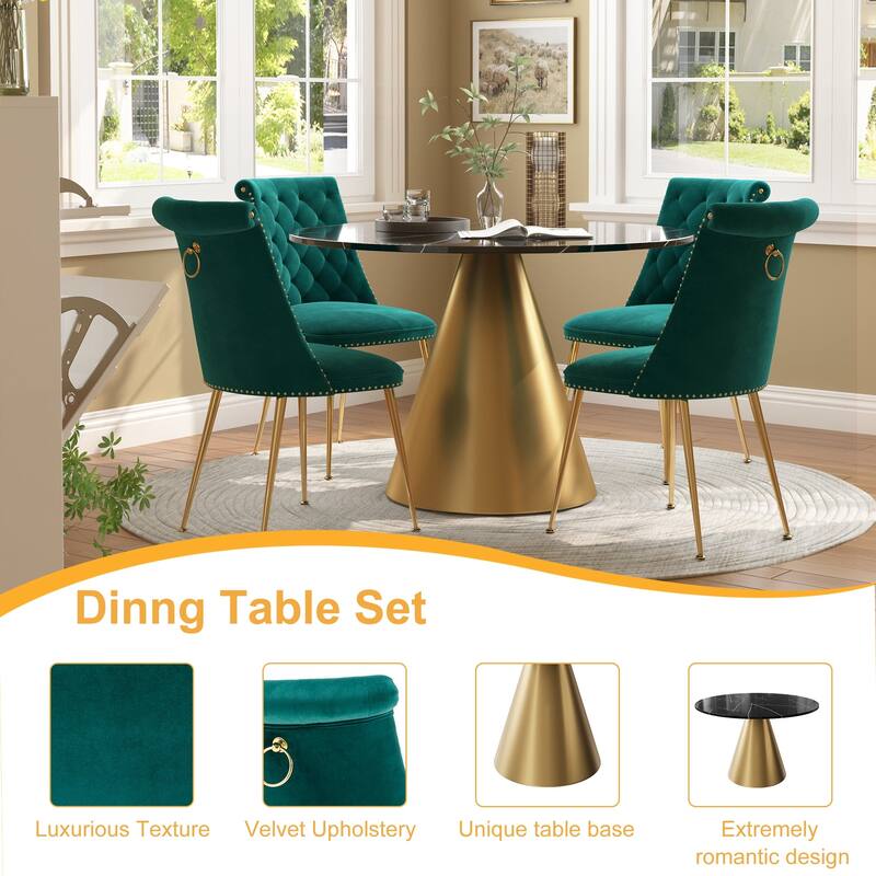 48" Marble Top Metal Dining Table with Velvet Dining Chair Set