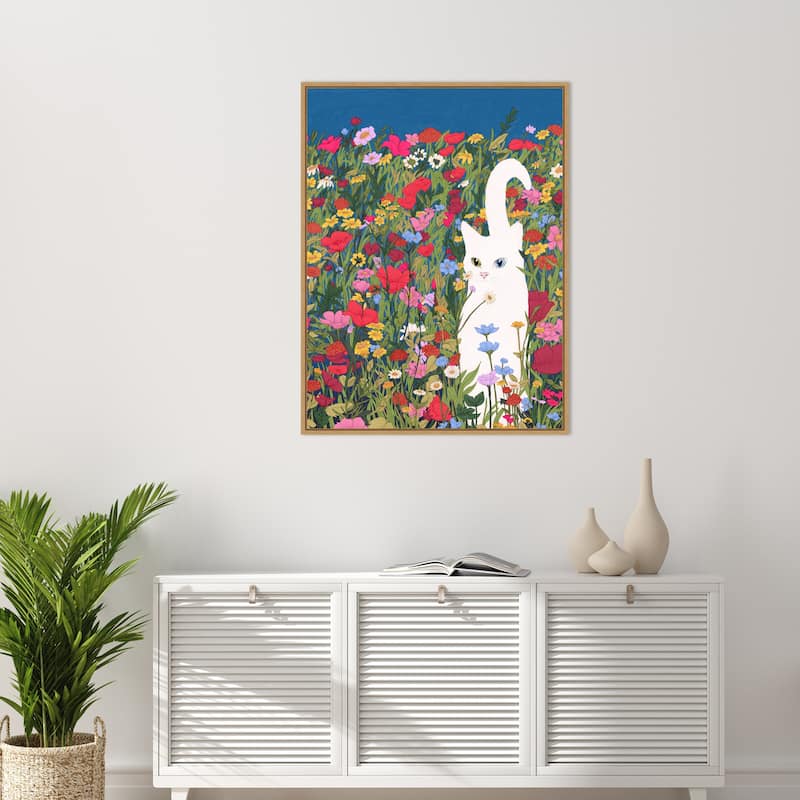 White Cat in the Wildflowers by Ec Mazur Framed Canvas Wall Art