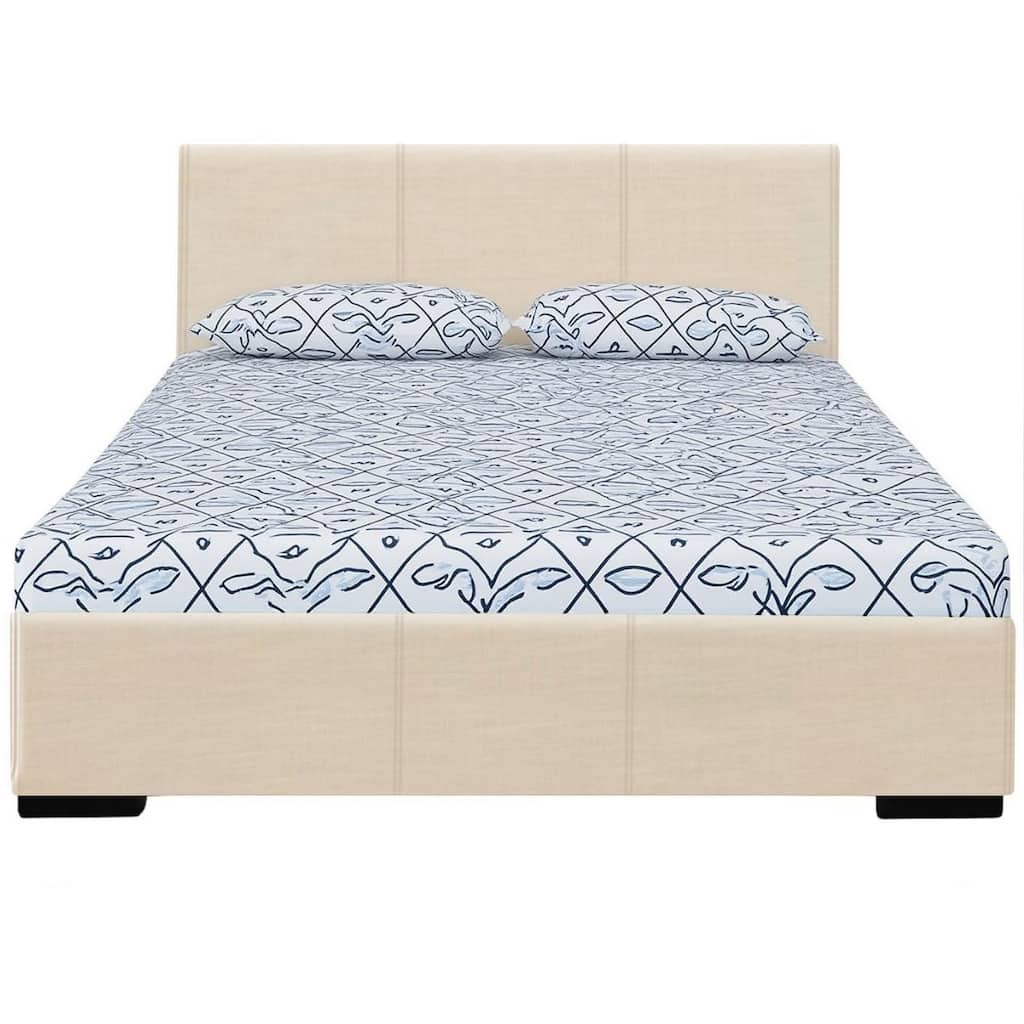 Beige Wood Bed Frame Faux Leather Upholstered Panel Headboard Slats