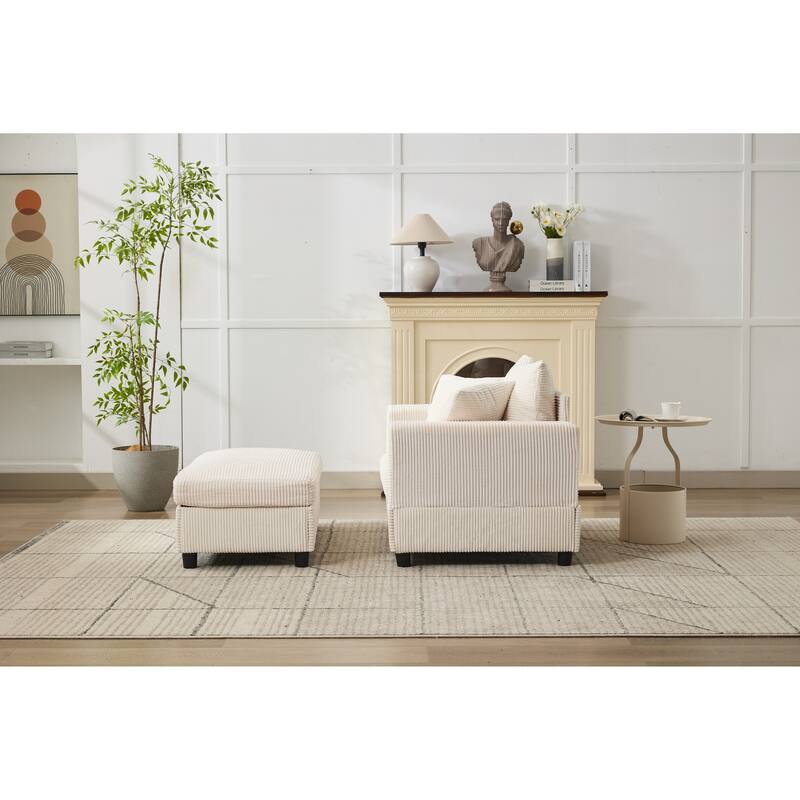 Chaise Lounge Chair with Removable Ottoman, Modern Accent Armchair Corduroy Sleeper Sofa Chair with Pillows for Living Room