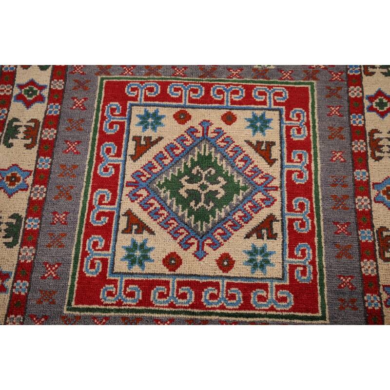 Geometric Grey Kazak Foyer Rug Hand-Knotted Wool Carpet - 2'8" x 3'11"